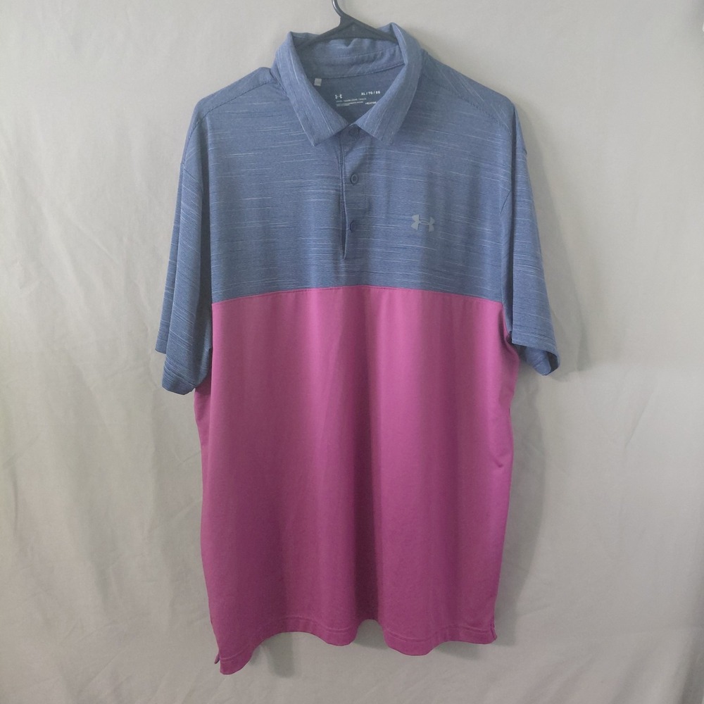 Under Armour Mens HeatGear Polo Shirt XL Blue Pink Colorblock Loose Fit 0212